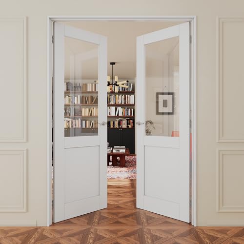 48x80 Interior French Door,Half Clear Glass Doors,Living Room Doors | Satin Nickel Hardware-Privacy Door Lever w/ Lock, Latch&Hinges, Solid Core,Tempered Glass,No PreDrill,Jamb Assembly Required - color: Half Lite, Silver Hinges, size: 48x80 for 50x82 ope