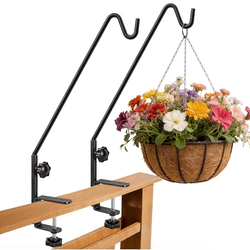 15 Inch Deck Hooks Hanger for Railing 2 PCS, 360° Swivel Adjustable | Heavy Duty Solid Shepherds Hooks for Outdoor Hanging Plants, Deck Hook for Bird Feeder, Railing Plant Hanger Bracket Outdoor - size: 15Inch -2PCS