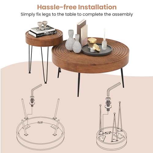 COSTWAY Farmhouse Round Coffee Table Set of 2, Rustic Sofa Side Tea Tables w/Wood Finish, Metal Frame, Adjustable Foot Pads, Nesting End Table Set for Living Room, Bedroom (Ring Pattern, Brown) - color: Brown, style: Ring Pattern