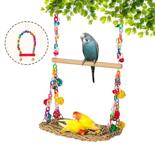 Natural Bird Swing Toys with Wood Perch, Double Layer Bird Seagrass Woven | Climbing Hammock with Chewable Perch Stand Chewing Toy for Parakeets, Budgies, Conures, Cockatiels, Lovebirds