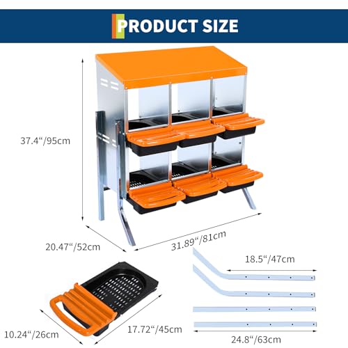 2-Tier Chicken Nesting Box, 6 Compartment Metal Nesting Box for Chickens with Waterproof Roof, Non-Slip Stable Base, Heavy Duty Chicken Laying Boxes for Hens, Poultry - color: Orange, size: 6 holes with legs