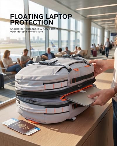 Tolaccea Travel Backpack 40-50L, 16" Laptop Carry On Duffle for Travel Work | 40-50L Expandable, TSA Approved 180° Open, 3L Wet-Dry Pocket, RPET Fabric, 3-in-1 Convertible Carrying, Detachable Waist Belt - color: Light Gray