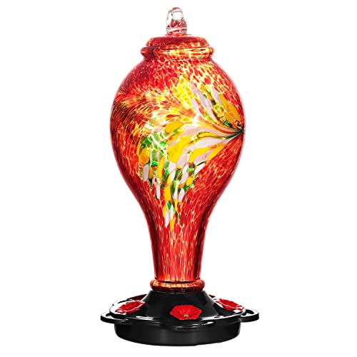 LUJII Hummingbird Feeders for Outdoors, Hand Blown Glass, Never Fade, 36 Fluid Ounces, 5 Feeding Stations, Much Bigger, Garden Backyard Decorative, Containing Ant Moat (Red) - color: Red, size: Large