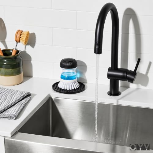 OYV Soap Dispensing Palm Brush Set | Includes Silicone Drip Tray, 1 Refill, Non-Scratch Nylon Bristles, Kitchen Dish Scrub Brush for Cleaning Pots, Pans, Sinks - color: White/Clear/Black