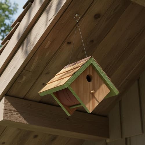 Large Cedar Bluebird House for Outside - Bamboo Shingles Roof Birdhouse for Bluebirds - Weather Proof Metal Protected - 13/16” Thickness Heavy Duty - Detachable and Easy Cleaning (1.5" Hole) - color: Wren&Bluebird