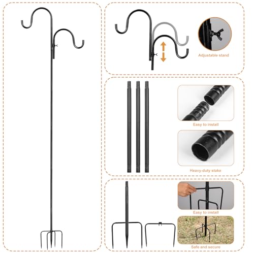 Double Sheperds Hooks for Outdoor,76 inch Adjustable Pole Bird Feederr,Plant Hangers,Weddings Decor,Matte Black(1 Pack) - size: 76 in