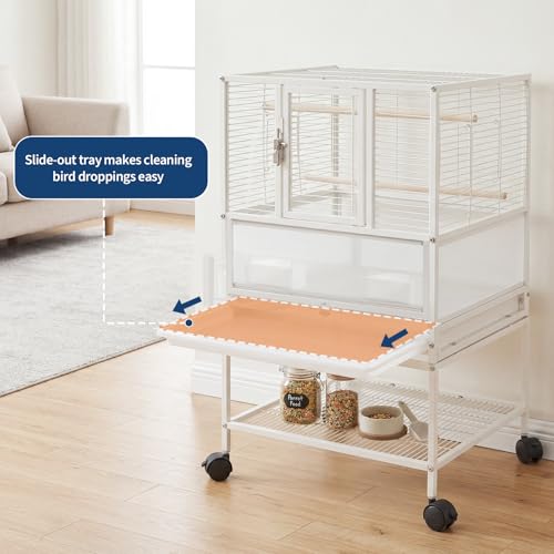 Garvee Small Bird Cage, 32" H Bird Carrier with Storage Shelves, White Travel Bird Cage for Parrot, Acrylic Parrot Carrier for Medium Small Bird