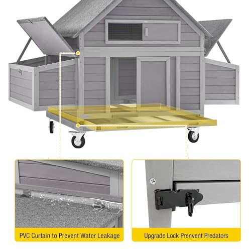 Aivituvin 63.7" Large Chicken Coop on Wheels – Movable Wooden Hen House for 3-6 Chickens with 2 Nesting Boxes, Removable Tray & Raised Design for Better Poultry Care - size: 67.3"L x 40.0"W x 49.8"H