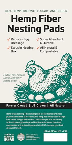 (New) Naturally Grown US Hemp Fiber Chicken Nesting Pads, for Hen Nesting Boxes or Chicken Coops. Super Absorbent, Nest Forming, Thermoretentive and Sustainable. 12”x12” (10 pack). Made in the USA.