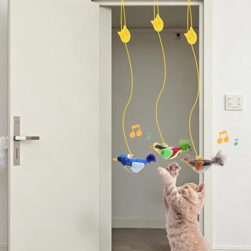 Flying Bird Cat Toys, Interactive Chirping Bird Cats Feather Toys Hanging Cat String Toy for Bored Kittens Adult Multi Households