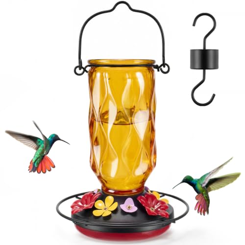 Kingsyard Glass Hummingbird Feeder for Outdoors Hanging, 20 oz Leak-Proof Wild Bird Nectar Feeders with 9 Bee Guard Ports & Ant Moat, Garden Yard Art Decor Gifts for Mom, Orange - color: Orange
