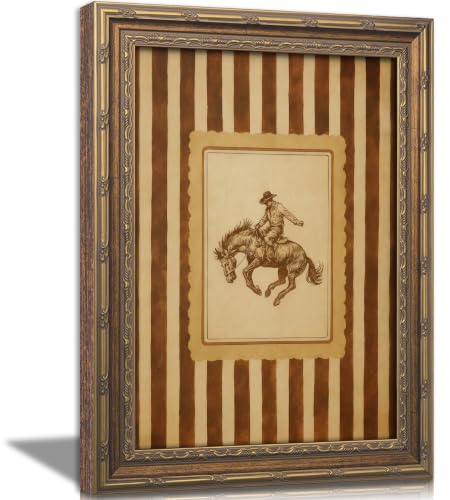 Vintage Gold Framed Western Cowboy Wall Art Rustic Rodeo Bronco Rider Painting Canvas Prints Country Equestrian Horse Stripes Picture Poster Farmhouse Artwork for Man Cave Living Room Bedroom - color: Western Cowboy, size: 11"L x 9"W