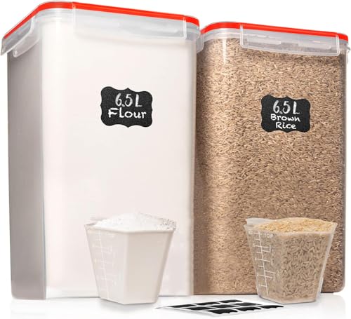 2 PC [7 Qt / 6.5L / 220 Oz] Large Food Storage Containers with Lids Airtight - BPA Free Clear Plastic Kitchen and Pantry Storage Containers for Cereal, Flour, Sugar, Rice - color: Red - 2 Pack