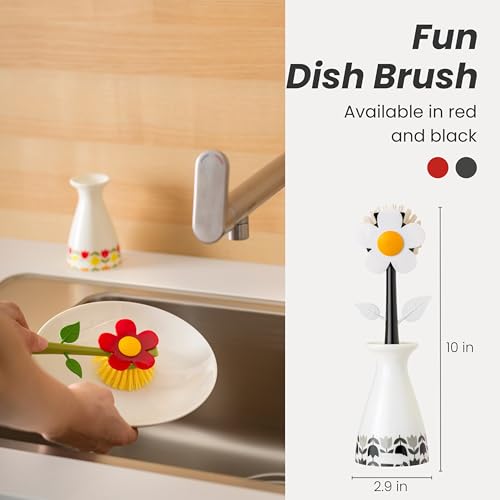 Vigar Flower Power Dish Brush with Handle and Stand - White, Red | Flower-Shaped, Dish Scrubber for Dishes, Dishwashing Brush, Kitchen Scrub Brush, Kitchen Essentials - color: Red