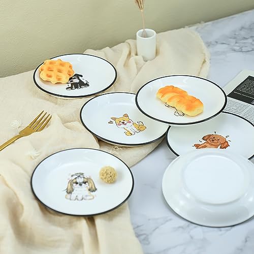 Funny Cartoon Cute Dogs Pattern Ceramic Sauce Dishes, Seasoning Dishes, Sushi Soy Dipping Bowls, Appetizer Plates, Dessert Plates, Little Cat Bird Feeding Bowls, Set of 6-Cute Dogs-5 Inch - color: Cute Dogs, size: 5 Inch