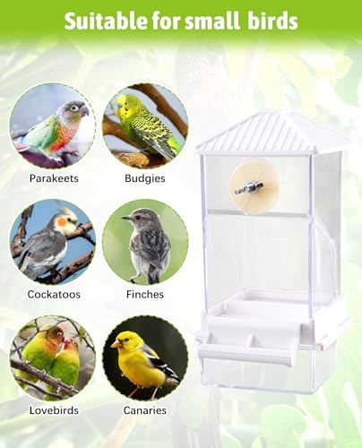 Hamiledyi Automatic Bird Feeder No Mess Bird Cage Feeder Seed Food Container with Perch Transparent Parrot Cage Accessories for Parakeets, Budgies, Cockatoos, Finches, Lovebirds, Canaries (White) - color: Translucent White + Perch