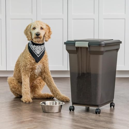IRIS USA Dog Food Storage Container, Up to 58 lbs, Smoke Black, Made in USA | Wheels for Mobility, Airtight Seal, BPA-Free, Best for Bird Seed, Cat food, Cat Litter, Chicken Feed, Pellets - color: Smoke, size: 58 lbs