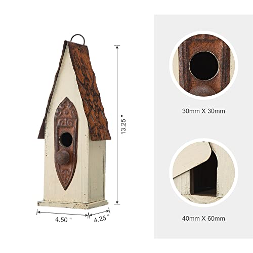 Glitzhome 13.25" Hanging Birdhouse for Outside, Washed White Distressed Solid Wood - Spring Ready Nesting Box & Christmas Garden Gift Idea