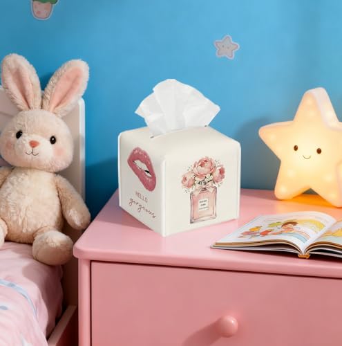 Fashionable Hello Gorgeous Tissue Box Cover, 5.2 Inch Square PU Leather Floral Perfume Lips Tissue Holder, Feminine Decor Gift for Vanity, Bedroom & Dorm - color: White Decoration Theme-08