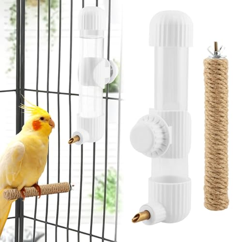 9.4 Fl Oz Bird Water Dispenser, No Mess Spring Valve Water Bottle with Parrot Bite Perch, Flexible Installation, for Small Birds Budgies, Cockatiels, Canaries, Lovebirds