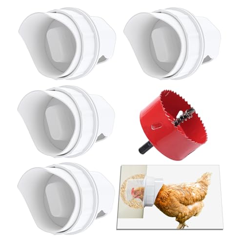 DIY Chicken Feeder Rain Proof Poultry Feeder Port Gravity Feed Kit for Buckets, Barrels, Troughs (4 Port with holesaw) - size: 4 port with holesaw