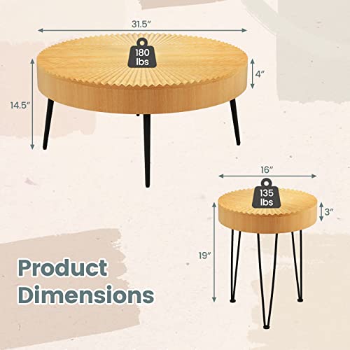 COSTWAY Farmhouse Round Coffee Table Set of 2, Rustic Sofa Side Tea Tables w/Wood Finish, Metal Frame, Adjustable Foot Pads, Nesting End Table Set for Living Room, Bedroom (Radial Pattern, Natural) - color: Natural, style: Radial Pattern