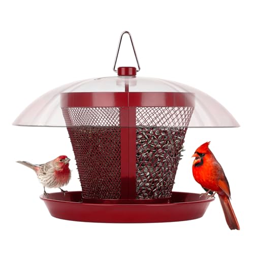 Kingsyard Rain-Resistant Metal Mesh Bird Feeder for Outdoor Hanging | Large Clear Dome, Top-Fill Design, Weather-Resistant Metal, Dual Mesh for Different Seeds, Easy to Clean - color: Red