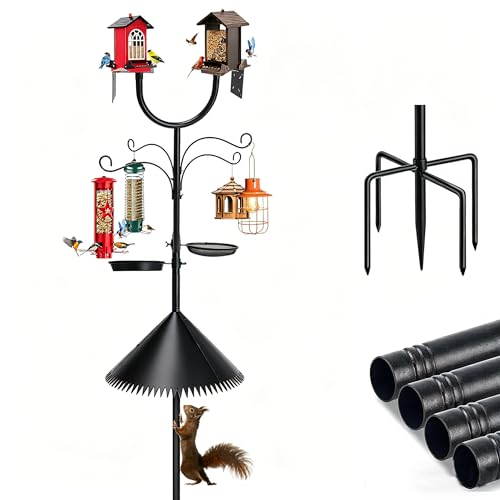 U-Shape 92" Bird Feeder Pole, Squirrel Proof 5-Prong Base for Bird Buddy | Squirrel baffle, 4 shepherd hooks, seed & birdbath tray; U-shape mount holds smart feeders & bird houses for yard garden
