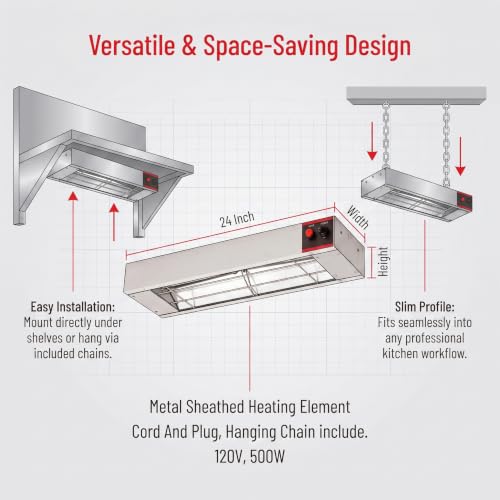 24 Inch Food Heat Lamp Commercial Food Warmer Overhead Strip Warmer 500 Watts with Chain and Us Plug,110v (24") - size: 24"