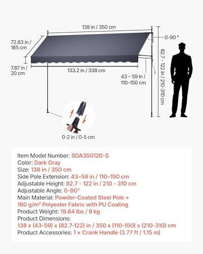 VEVOR Manual Retractable Awning, 138" x 59" Outdoor Patio Awnings Sunshade Shelter with 43"-59" Retractable Side Bar, No Drill Height Adjustable, Crank Handle for Backyard, Balcony, Dark Gray - size: 138x59 in