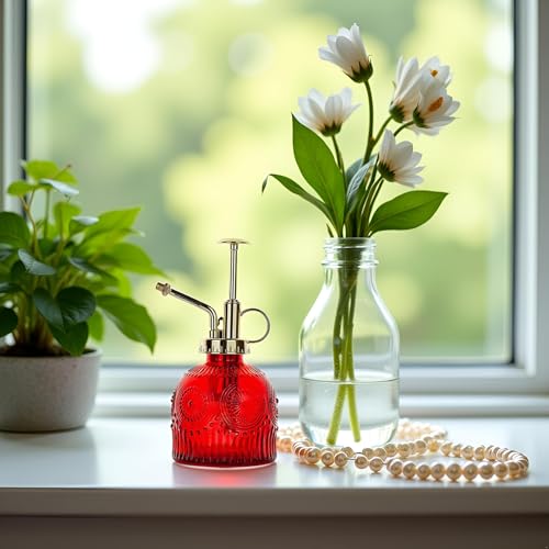 Glass Plant Mister Spray Bottle, 230ML Vintage Plant Spritzer, Succulent Watering Bottle Glass with Top Pump, Small Plants Sprayer Watering Can for Indoor Outdoor House(Red) - color: Red