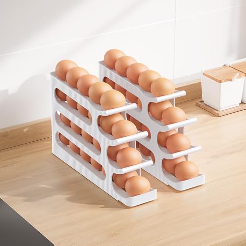 Egg Holder for Fridge, 4 Tiers, Egg Roller for Eggs 24 Count | Auto Rolling Egg Storage Organizer for Refrigerator, Slim Space Saving Container, Dispenser - size: 4 Tiers
