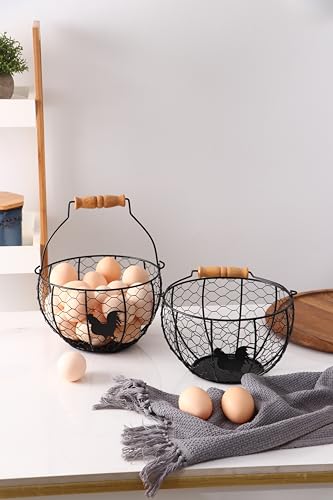 Fresh Eggs Collecting Basket With Handle，Vintage Style Metal Wire Eggs Holder Basket for Countertop Kitchen Storage Bin - color: black