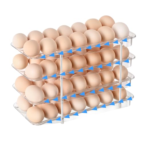 Egg Holder,4 Tier Clear Organizer with Auto-Roll Design, Adjustable Height Egg Storage Container Holds Up to 56 Eggs for Refrigerator,Kitchen Cabinet