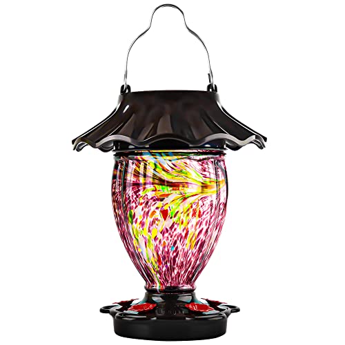 LUJII Solar Powered Hummingbird Feeder for Outside Hanging, Trophy Shaped Hand Blown Glass, Weatherproof, Lighted Lantern for Garden Decor, 32 fl.oz, Never Leak, Unique Gift for Bird Lover(Purple) - color: Purple