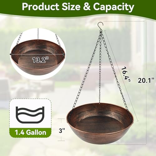 13" Metal Hanging Bird Bath with Chains and Hook | 3" Deep Bowl, 1.4Gal Capacity, 3 Chain Support, Easy Cleaning, Rust Resistant, Birdbath or Bird Feeder Garden Decor