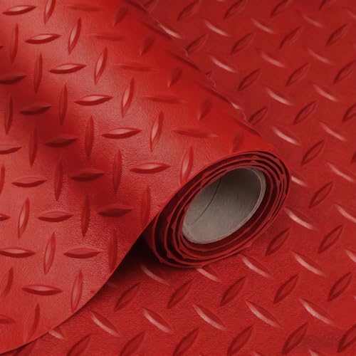 2.5mm Thickened 5Ft x 12Ft Garage Floor Mat Rubber Flooring Roll, Red | 60sqft Diamond Plate PVC Rubber & Vinyl Flooring Roll, Non-Slip Floor Protector Mat for Garage Warehouse Basement Trailer - size: 5Ft x 12Ft--Red