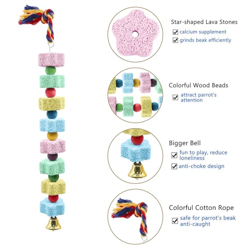 2 Pack Bird Chewing Toy, Colorful Parrot Beak Grinding Calcium Stone with Bells, Cage Accessories for Cockatiels Parakeets Parrots Budgies Lovebirds Rat Hamster Chinchilla Rabbit Bunny African Grey - color: Multi-colored, size: 13.77 inch Long