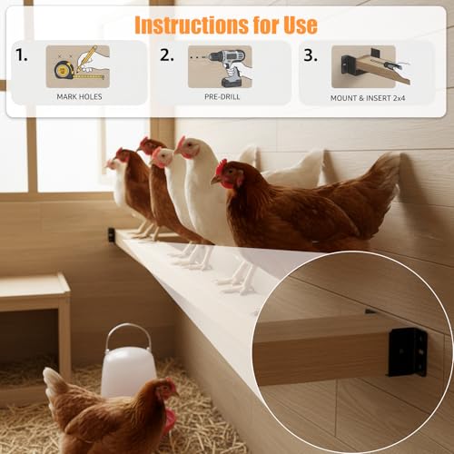 4Pcs Heavy Duty Poultry Roost Bar Mount Brackets, Metal Chicken Coop Roost Brackets for Chickens, Turkeys & Other Poultry, Stable Roosting Bars for Chickens in Coop with Screws（2x4in）