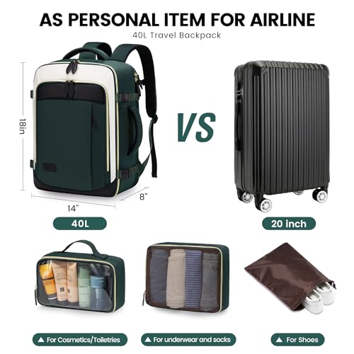 LOVEVOOK Travel Backpack for Women, 40L Carry On Backpack with 3 Packing Cubes,TSA Personal Item Travel Bag Airline Approved, Water Resistant Weekender Overnight Luggage Daypack, Fits 17 Inch Laptop - color: H-green-beige-black, size: Large - 17.3 Inch -