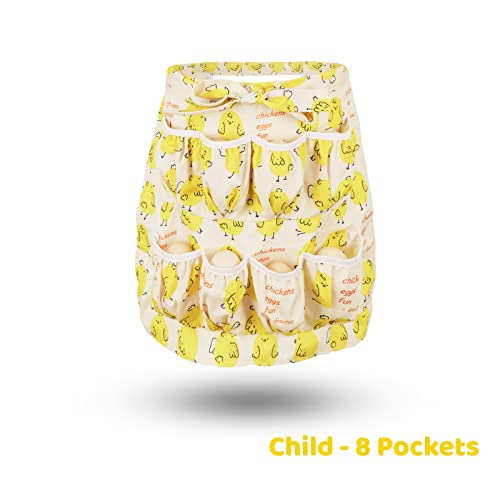 Egg Apron for Kid and Adult, Deep Pockets with Elastic Closure | Long Ties to Wrap Around and Tie In Front, Yellow Chick Printed, Egg Collect Gather Hold Apron - color: Yellow for Kid