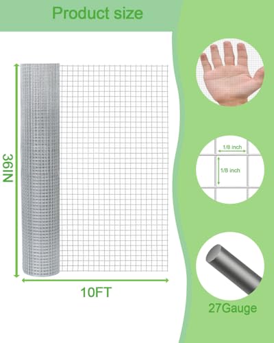 Hardware Cloth 36in x 10ft 1/8 Inch 27 Gauge, Hot-Dipped Galvanized Welded Wire Mesh, Low Carbon Steel, Animal Cage Wire Netting, Garden Wire Mesh - size: 1/8inch 36in×10ft