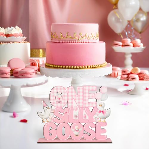 One Silly Goose Birthday Decor Girl Wooden Goose Table Decor Pink One Silly Geese Birthday Centerpiece for Table Funny Geese Desk Sign Supplies for Farm Animal First Celebration
