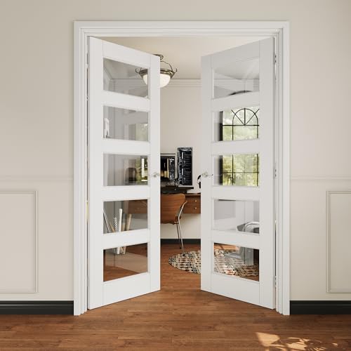 48x80 Interior French Door,5-Lite Clear Glass Doors,Living Room Doors | Satin Nickel Hardware-Privacy Door Lever w/ Lock, Latch&Hinges, Solid Core,Tempered Glass,No PreDrill,Jamb Assembly Required - color: 5 Lite, Silver Hinges, size: 48x80 for 50x82 open