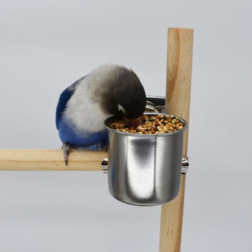 POPETPOP 2 Pcs Bird Parrot Feeding Double Cups with Clip - Stainless Steel Bird Bowls for Cage, Food Feeder Cups Hanging Bowl for Cage Stand Accessories