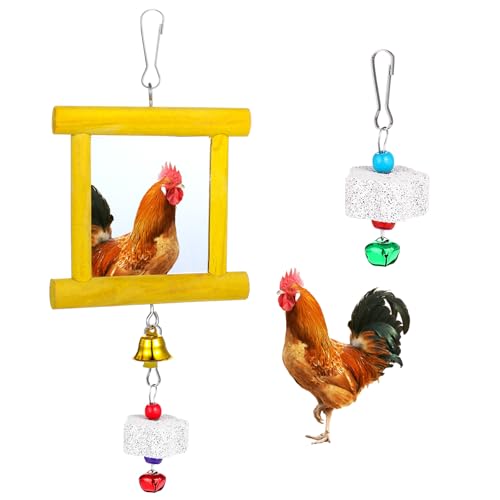 Chicken Toys - 1pc Hanging Bell Parrot Chicken Swing Mirror + 2pcs Beak Grinding Stones for Enrichment, Perfect for Coop, Birds, Parrots, Hens, Roosters, and More - color: Yellow