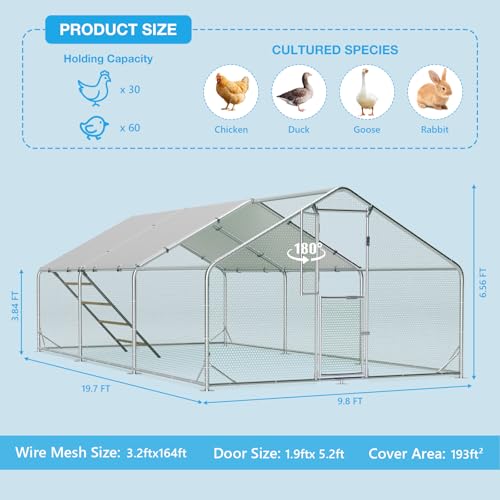 Large Metal Chicken Coop, Outdoor Chicken Run with Cover, 10 x 20 x 6.5 FT | Heavy-Duty Poultry Enclosure & Chicken Pen with Split Doors, Galvanized Steel Frame, Free Wire Mesh Fence and Roosting Ladder - size: 118.1"L x 78.7"W x 235.2"H