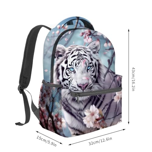 White Tiger Backpack,Cherry Blossom Polyester Backpacks,Lightweight Double Shoulder Back Pack for Kids Teens,Cool Animal Bookbag,School Bag Gifts,Casual Travel Daypack Book Packs - color: White Tiger