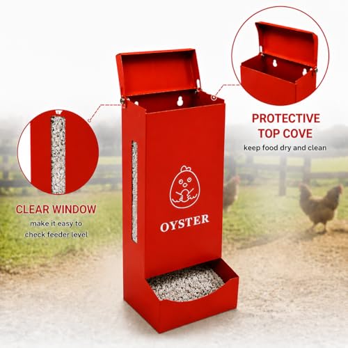 Chicken Feeder 2 Pack, Hanging Gravity Feeding Kit for Oyster Shell & Grit, Sturdy Metal Poultry Dispenser with Protective Cover, Weatherproof Food Holder for Chicken Coop, Ducks and Pigeons