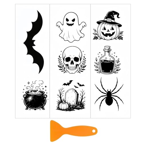 Lampshade Decals, Spooky Halloween Rub On Transfers 3-Pack | Halloween PVC sheets at 5.91 x 11.81 in, Comes with scraper for easy dry application on seasonal interior displays - color: Spooky Halloween 3-Pack